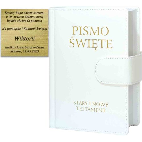 Pismo Święte ST i NT biała ekoskóra + GRAWER