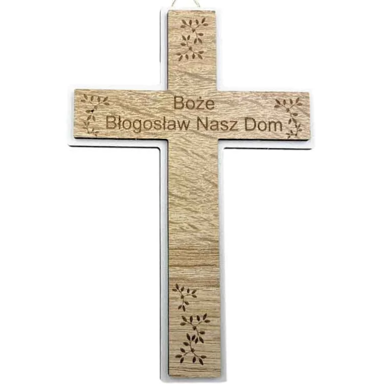 Krzyżyk wiszący drewniany - napis - 15,5 cm