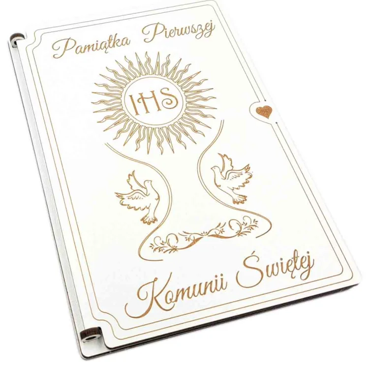 Kartka na I Komunię Świętą - drewniana - z aniołkiem