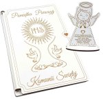 Kartka na I Komunię Świętą - drewniana - z aniołkiem