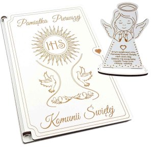 Kartka na I Komunię Świętą - drewniana - z aniołkiem