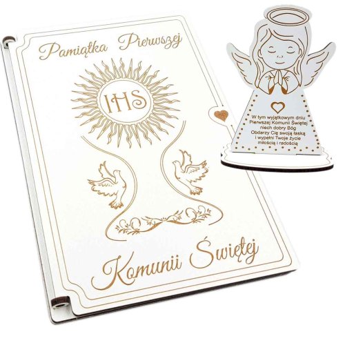 Kartka na I Komunię Świętą - drewniana - z aniołkiem