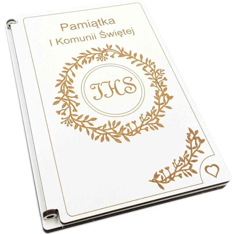 Kartka na I Komunię Świętą - drewniana - z aniołkiem IHS