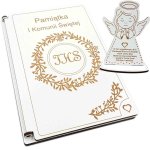 Kartka na I Komunię Świętą - drewniana - z aniołkiem IHS