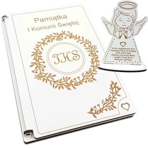 Kartka na I Komunię Świętą - drewniana - z aniołkiem IHS