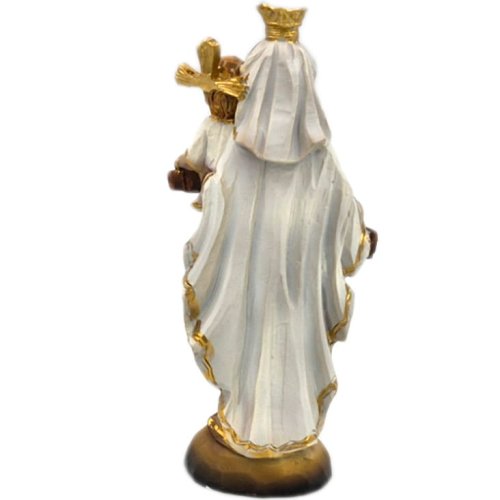 Figurka Matki Boskiej Szkaplerznej z Dzieciątkiem Jezus – 12 cm, ręcznie malowana, masa żywiczna, kolorowa. Tył figurki