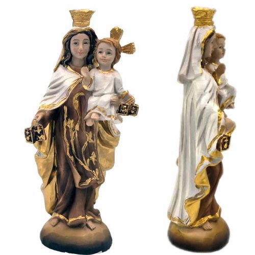 Figurka Matki Boskiej Szkaplerznej z Dzieciątkiem Jezus – 12 cm, ręcznie malowana, masa żywiczna, kolorowa.