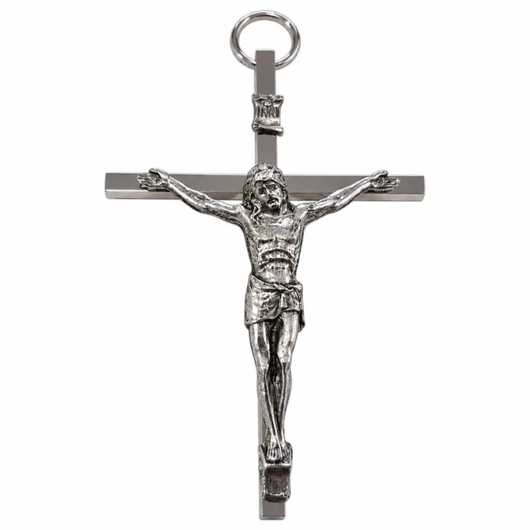 Krzyż wiszący 17 cm - metalowy - srebrny
