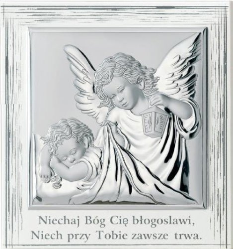 Anioł Stróż srebrzony z napisem v44