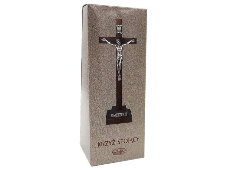 Krzyż stojący drewniany JUT 23 cm ciemny - pudełko
