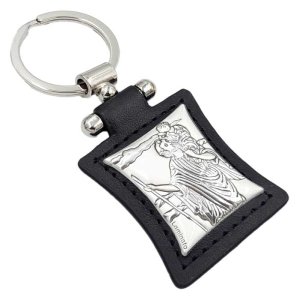 Brelok srebrzony - św. Krzysztof - czarna skórka