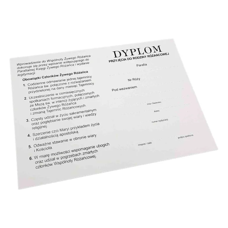 Dyplom przyjęcia do Rodziny Różańcowej