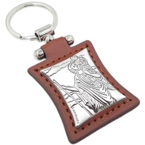 Brelok srebrzony Św. Krzysztof skórka brąz