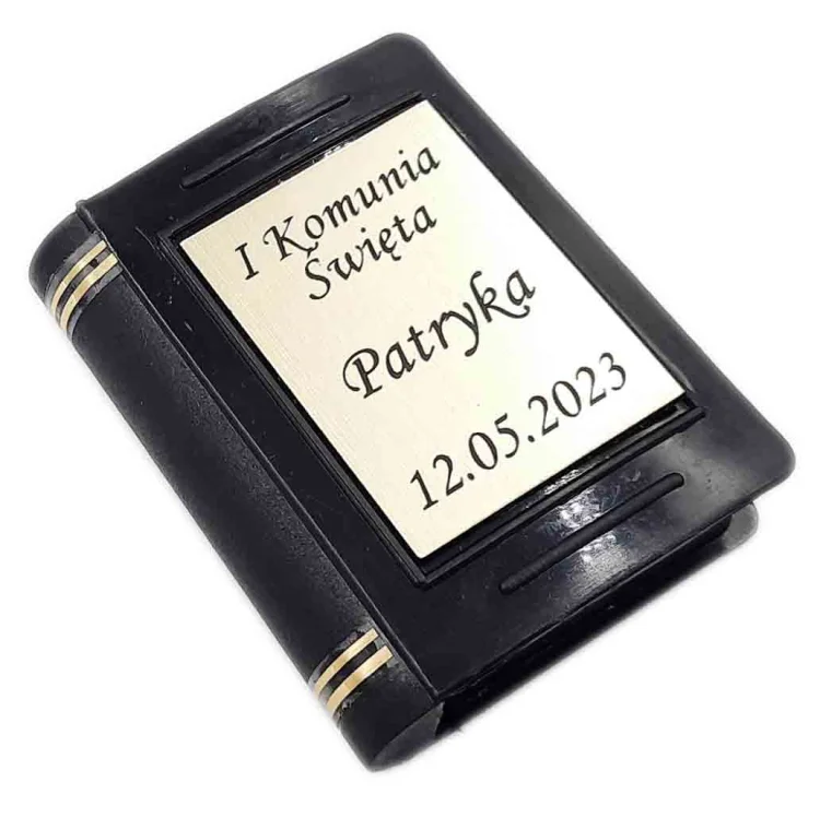 Czarny różaniec komunijny z pudełkiem -grawer