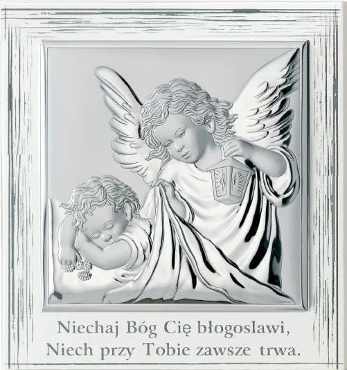 Anioł Stróż srebrzony z napisem v44